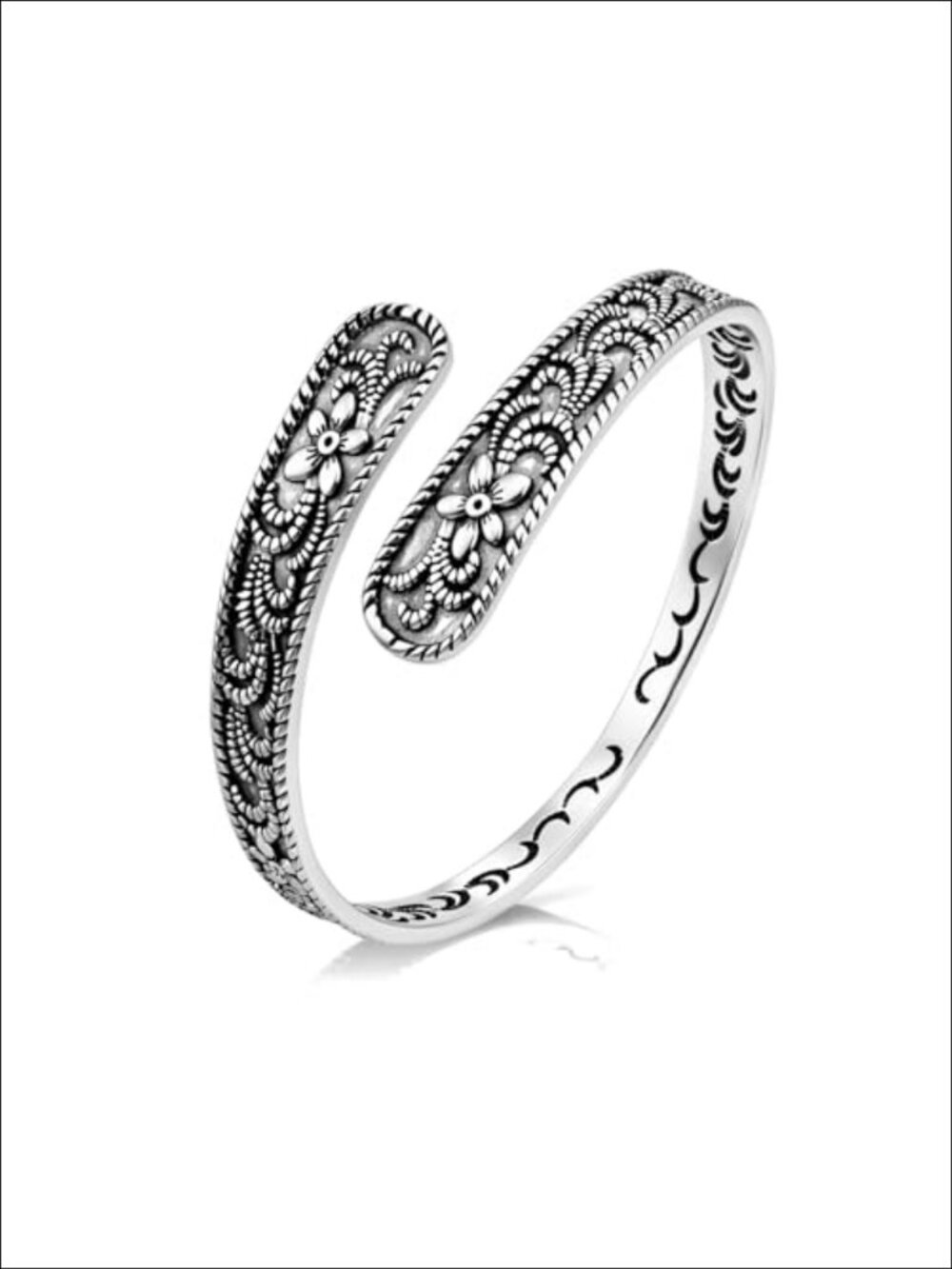 Sterling Silver Plated Open Cuff Bracelet Vintage Engraved Adjustable Bangle